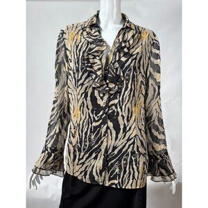 Coldwater Creek M Zebra Silk Print Ruffled Blouse Lined
